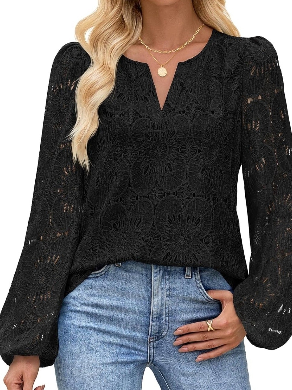 Black Floral Lace Split-Neck Long Sleeve Blouse